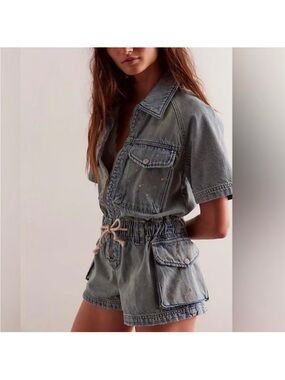 Free People Mojave Denim Shortall Romper Slouchy Paint Splatter Cinch Waist NEW